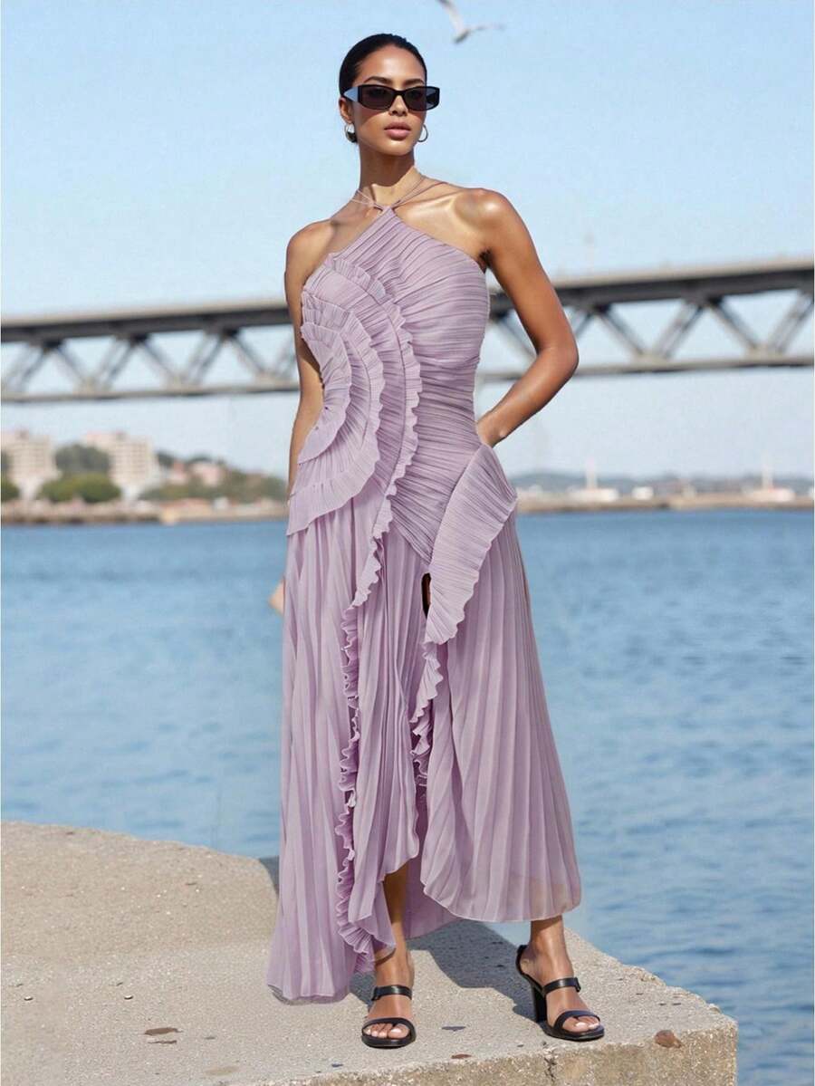 Women's Ruffle Halter Dress Sleeveless Solid Color Long Flowy Dress Summer A-Line Dress - 紫色 - 查看 1