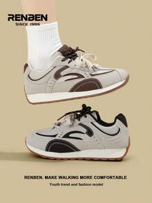 RENBEN Women's Thick Sole Increase Height Casual Sneakers, Leather Upper, Ins Style, Autumn/Winter - Khaki - View 8