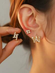 6件套奢华时尚精致18K镀金铜耳环套装，叶子、蝴蝶、四叶草、几何图案设计，适合女性日常佩戴 - 金黃色 - 查看 2