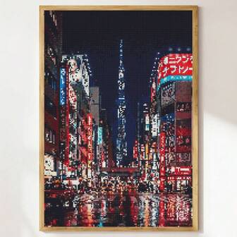 5D diamantmålningssats Nattvy av Tokyo, Japan Canvasväggkonst, 5D fullborrad rund diamantmålningssats, mosaikpyssel för nybörjare, heminredning, högtidsgåvor