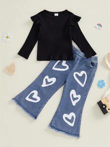 Toddler Little Girl Spring Fall Outfit Solid Ribbed Long Sleeve Tops And Heart Flare Jeans 2 Piece Set - Negro - Ver 1