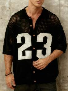 Men's Black Sheer Mesh Knit Cardigan | 23# Print Loose Polo Collar Casual Streetwear Top - Black - View 4