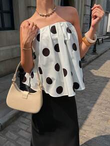 HUACAITA French Niche Polka Dot Bandeau Top, Women's Summer Loose Slimming A-Line Ruffle Open Shoulder Vacation Style Babydoll Shirt, Backless Beach Cropped Sleeveless Blouse - Black and White - View 6