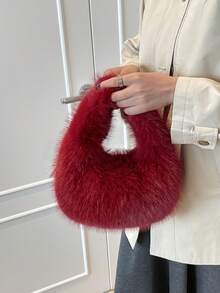 Túi xách lông xù mới thu đông 2025, túi đi làm đa năng hình mây và lưỡi liềm dài màu trơn, túi tote lông xù dành cho nữ - Đỏ - Xem 12