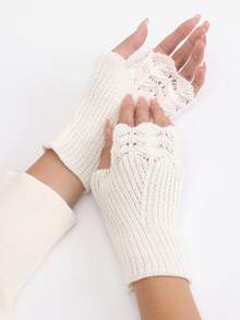 1pair Solid Color Fish Scale Hollow Out Knitted Short Fingerless Gloves, & Versatile,& Windproof For Office, Writing, Winter - Black - View 7