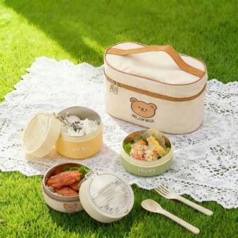 316 Stainless Steel Insulated Lunch Box With Foldable Tableware, Portable Sealed Leak Proof Fruit Salad Food Storage Container With Storage Bag, Microwave , Round Soup Porridge Food Thermal Jar Bento Box, Suitable For Student & Adult, Use In School, Office, Dorm, Camping, Picnic