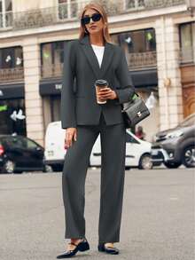 Casly Lamiit Women Plain Long Sleeve Suit Collar Regular Top And Pants Set Elegant Composite Fabric Suit With Pockets - Màu xám đen - Xem 4