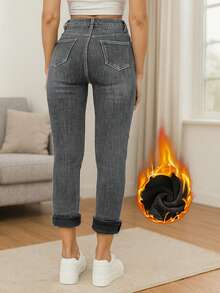 冬季保暖内衬洗水牛仔紧身裤 - 灰色 - 查看 5