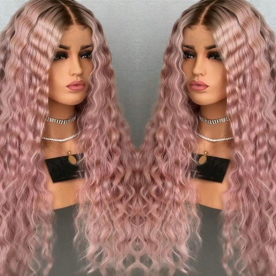 Ombre Pink With Dark Root Deep Wave 13x4x1 HD Lace Front Wigs Human Hair Glueless Wigs For Women Brazilian Kinky Curly T Part Lace Frontal Wig Natural Hairline 250 Density Pink Colored Pre Plucked With Baby Hair Natural Look Hairpiece Wig For Party Daily Use - 根根分明與漸層 - 查看 1