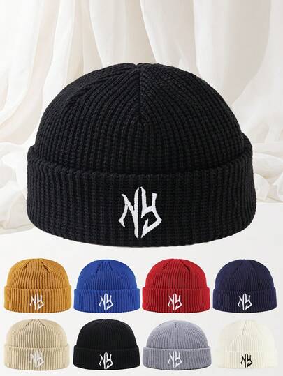 1pc Men's Autumn/Winter NY Letter Embroidery Personalized Outdoor Casual Fashion Elastic Soft Comfortable Warm Knit Beanie Hat, Versatile Andy For Daily Wear