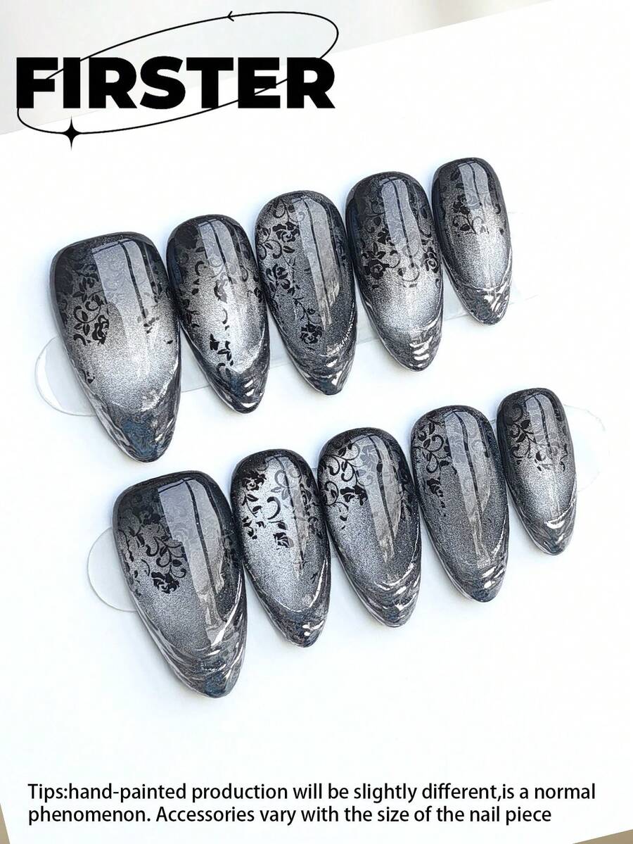 10片杏仁形手工美甲贴纸，假指甲，黑色指甲，简约日常美甲，冬季美甲贴纸，猫眼美甲，法式美甲，银箔美甲，亚克力美甲贴纸，可重复使用的美甲设计产品，适合女性和女孩 - 彩色 - 查看 1