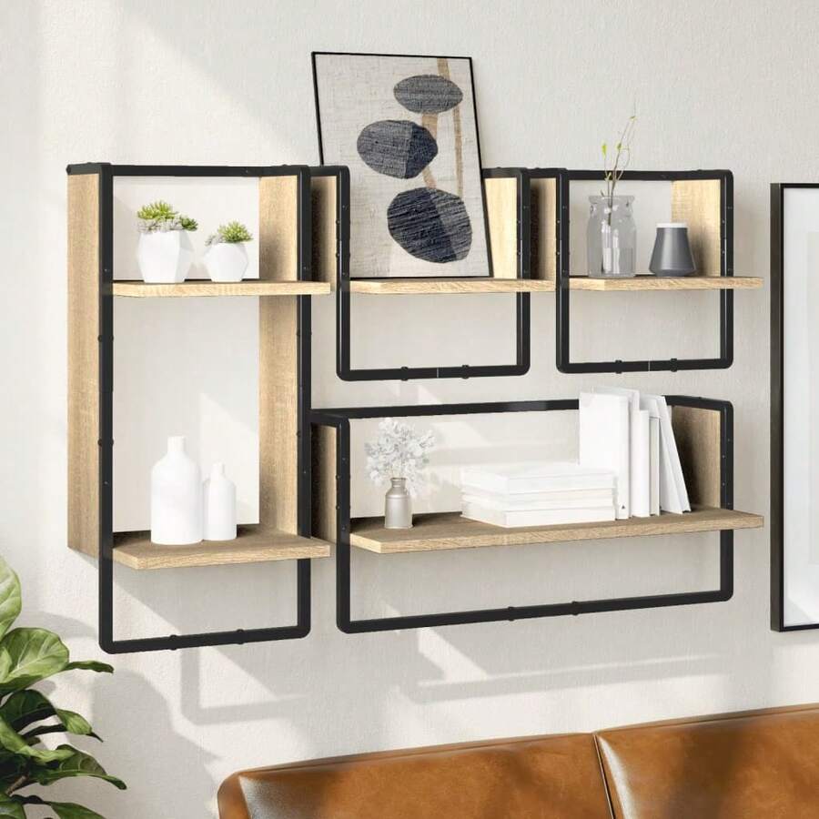4 Piece Wall Shelf Set With Bars Sonoma Oak Engineered Wood - Brown - View 1