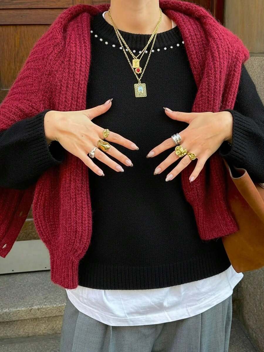 Áo len ngọc trai đen cho nữ, trang phục đi chơi, trang phục mùa đông cho nữ, trang phục mùa thu cho nữ, trang phục trở lại trường, váy cho phụ nữ thanh lịch, váy cho phụ nữ kín đáo, thanh lịch, giản dị, dễ thương, màu xanh Kawaiibaby - màu đen - Xem 1