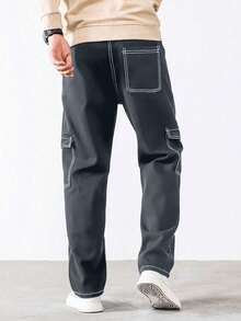 1pc Boys/Teens Vintage Casual Minimalist Denim Effect Pocket Cargo Pants, Spring/Autumn