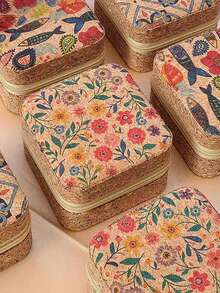 1个复古旅行首饰盒，小型皮革首饰盒，复古镜面首饰盒，收纳整理，复古长款优雅软木便携大容量首饰盒，防尘首饰盒，优雅印花首饰盒，迷你PU皮革复古印花带镜首饰盒 - 彩色 - 查看 9