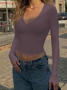 Vaiaye 女士性感修身针织长袖上衣，纯色V领T恤，适合情人节及春季休闲穿着 - 灰紫色 - 查看 9