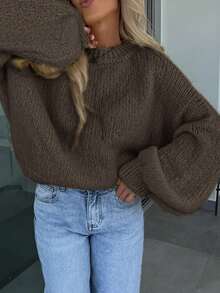 女士春秋季针织圆领长袖毛衣，纯色百搭休闲风，适合返校季、通勤、日常穿着，舒适柔软，米黄色系，少女温柔风格，易于搭配，简约毛衣款式 - 咖啡棕 - 查看 3