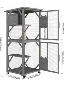 Mobile Weatherproof Catio – 70" Rolling Cat Condo With Elevated Perches, Loft Hideout, Scratching Post & Locking Wheels,Thanksgiving,Christmas Gift - 灰色 - 查看 3