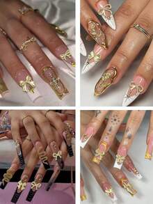 60pcs Metal Bow Nail Decorations, Alloy Nail Bow Decor 3D Golden Bow Nail Art Accessories, Luxury Shiny Bow Rhinestone Nail Jewelry Manicure Supplies Nails - Gold - View 3