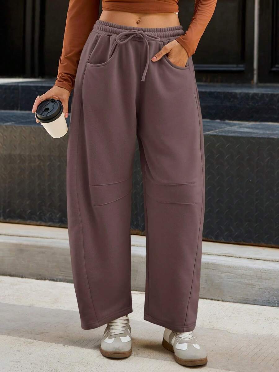 Women's Barrel Leg Sweatpants - Drawstring Elastic Waist Wide Leg Casual Pants With Pockets, Comfortable Lounge & Active Wear For Everyday Style - cà phê - Xem 1