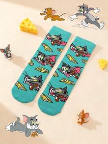 1 par de calcetines de Tom y Jerry de Warner Bros, calcetines deportivos suaves y cómodos para hombres y mujeres, calcetines para todas las estaciones, calcetines con diseño de dibujos animados de Tom y Jerry para hombres y mujeres, versátiles, suaves y cómodos - Multicolor - Ver 3