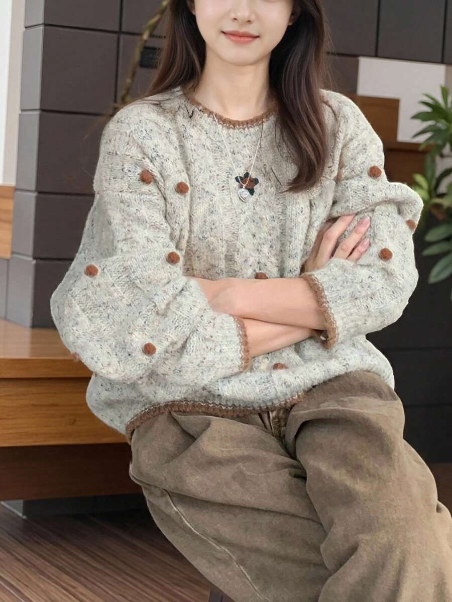 女士复古风毛球装饰圆领针织衫,秋冬款 - 花灰 - 查看 1