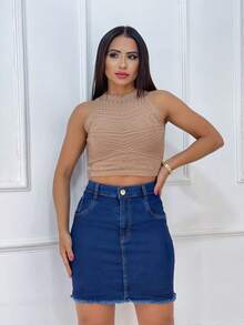 Saia Jeans Feminina Cintura Alta Lisa Barra Desfiada Lavagem Escura - Azul Escuro - Visão 3
