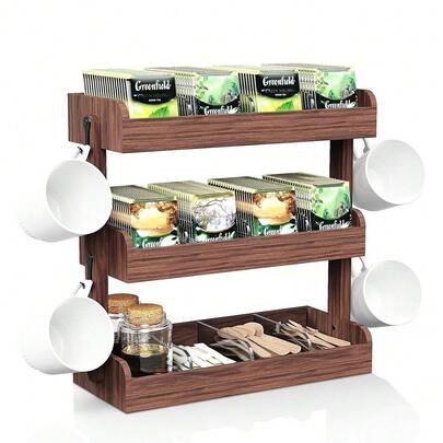 3 Tier Tea Bag Organizer - Wall-Mounted Holder With Partitions, 4 Hooks, Wooden Tea Box For Office, Kitchen, Cabinet, Pantry,One-Size,3TIER