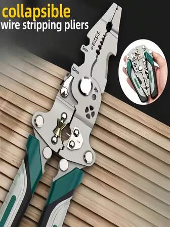 1pc 32-In-1 Multi-Functional Foldable Heavy-Duty Stainless Steel Wire Stripper And Crimping Tool - Electrician's Wire Stripping And Crimping Pliers, Foldable Design, Ergonomic Handle, Pipe Clamp, Cutting And Twisting, Pipe, Crimping, Wire Stripper, Home Improvement, Essential Household Tool, Electrician's Wire Stripper.