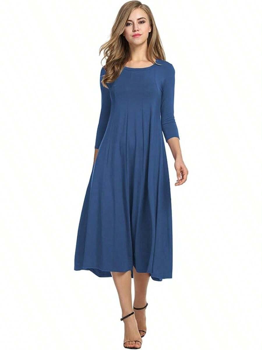 Women's 3/4 Sleeve A-Line And Flare Midi Long Dress, Fashionable, - 深空藍 - 查看 1