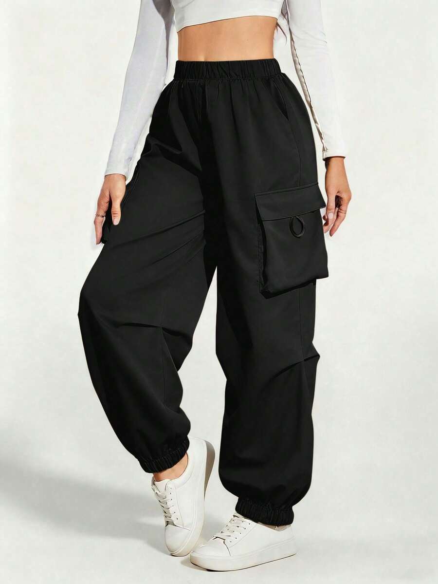 1pc Tween Girls Outdoor Street Casual Solid Color Cargo Pants - Black - View 1