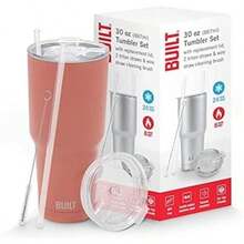 BUILT - Juego de vasos de acero inoxidable de doble pared con tapa de repuesto, 2 cepillos de limpieza reutilizables de alambre Tritan en caja de regalo, 30 onzas, amatista(Juego de vasos (30 oz) Burnt Coral) - Multicolor - Ver 2