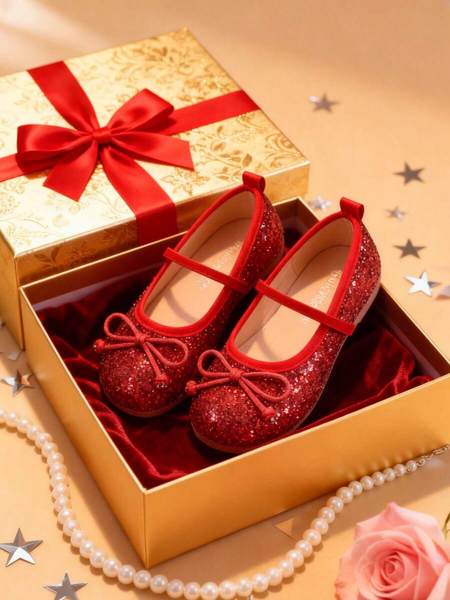 1双时尚红色水晶亮片公主鞋，女童亮片蝴蝶结设计，适合所有季节，可搭配演出服，适合舞台表演、日常穿着、节日庆典、小型派对、生日礼物 - 紅色 - 查看 1