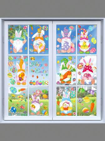 9 hojas de pegatinas para ventanas con gnomos de Pascua, conejos, huevos y flores para decoración del hogar, oficina, tienda, fiestas y eventos