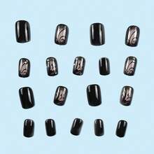 24 Pieces/Set Short Press On Nails Square Fake Nails Black French Tip Acrylic False Nails With Dark Vines Design Full Cover Glue On Nail Glossy Nails Press Ons Short Stick On Nail For Women 24Pcs High-Quality Handmade Acrylic Press-On Nails, Medium-Length Coffin-Shaped Nails - Halloween Is Coming, Halloween Nails, Gothic Style Nails, Punk Nails, Ghoul Zombie Bandage Style, Metal Spider, Skull, Bat Pattern, Hand-Carved Pumpkin Lantern, Spider Web, Ghost Face, False Nails, Gradient Styles Of Different Lengths, Pink Gradient, Jelly Nails, Glossy Coffin-Shaped False Nails, Blue Gradient 3D Press-On Nails (With Butterfly Pearl 3D Decoration), Solid Color Cat Eye Press-On Nails, Glitter False Nails For Short Nails, Oval Nails, Detachable False Nails, Nail Art Supplies Nail Art, Suitable For Parties, Dances, Daily Wear, Student Gatherings, Reusable Press-On False Nails - 黑色 - 查看 4
