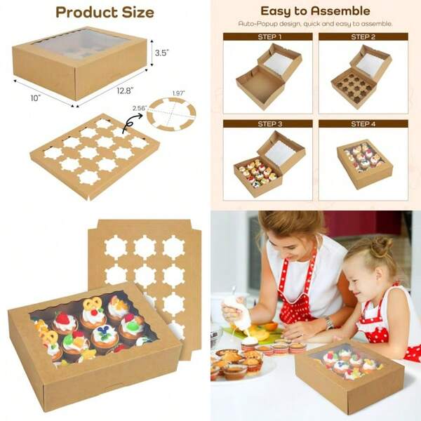 New 10 Set Cupcake Boxes Hold 12 Standard Cupcakes Brown Cupcake Containers Cupcake Carrier  Kraft Cupcake Holders For Cookies Muffins And Pastries