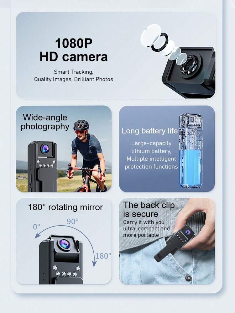 1 pièce Caméra vidéo de vlog sans fil 1080P avec objectif rotatif à 180°. Caméra de prise de vue portable à fixer sur le corps, avec vision nocturne infrarouge. Idéale pour les sports de plein air, le ski, le cyclisme, la randonnée. Caméra de vlog miniature, caméra portative - Noir - Voir 2