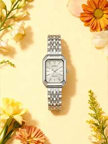 1件/套 简约时尚条形刻度表盘高品质钢表带石英表，适合作为生日礼物、万圣节礼物、年末促销礼品 - 銀色 - 查看 3