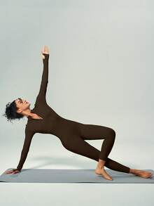 UONNOU 1 Piece Jumpsuit One-Piece Sportswear Peach Hip Lift Waist Control Abdomen Slim Leg Full Body Shaping Zipper Half-Opening Long Sleeve Thumb Hole Design Small Stand-Up Collar Suitable For Sports Skiing Cycling Gym Yoga Ball Sports Exercise Indoor And Outdoor Daily Leisure Seamless Ribbed Knitted Fabric Sportswear Autumn And Winter Style - Brown - View 11