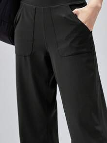 Pantalones de yoga de cintura alta casuales de pierna ancha con bolsillos, pantalones deportivos ligeros para fitness y uso diario para mujeres - Negro - Ver 4