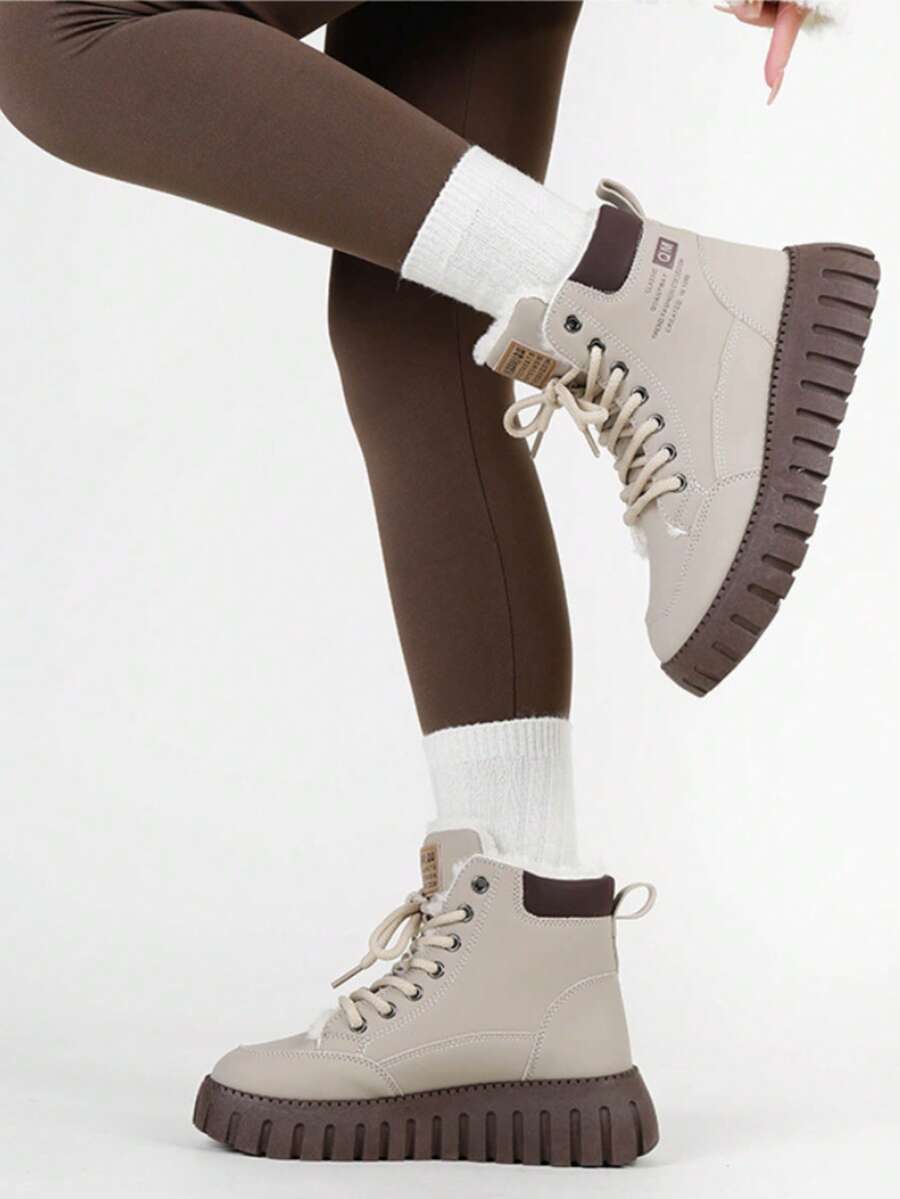 2025 New Style Multi-Purpose Warm High-Top Short Boots, Winter New Shoes, Soft Thick Sole, Casual And Comfortable, Snow Boots, Equipped With Wool Lining, Thick Platform Sole And Lacing Details - Suitable For Winter Fashion Outfits For Daily Outings, And Also A Great Choice As A Christmas Gift. - 卡其色 - 查看 1