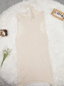 性感 V 领镂空腰带露背针织挂脖派对俱乐部服装紧身毛衣长裙音乐节 - 杏色 - 查看 2