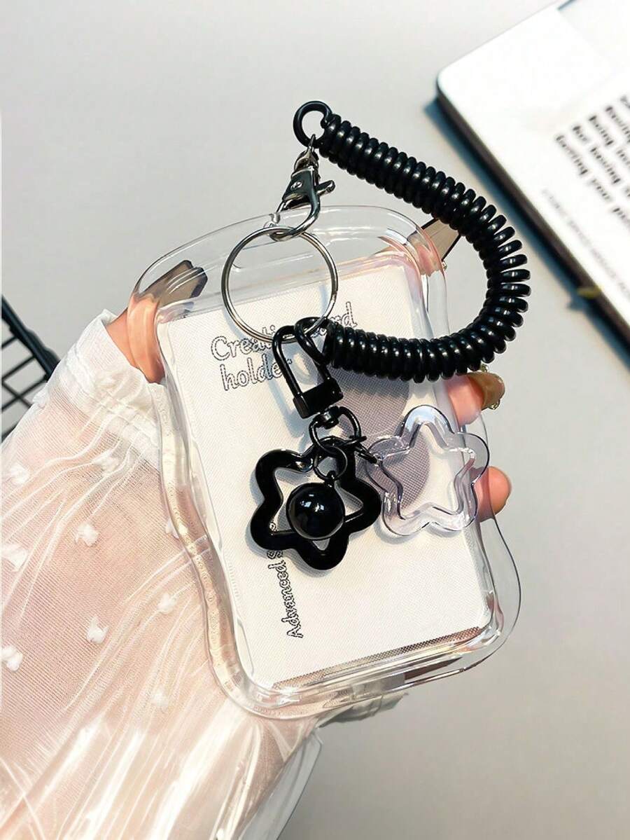 1个可伸缩心形卡包钥匙扣，1/2个耐用透明证件卡包套装，带可拆卸可擦拭滑动盖、钥匙圈和可拆卸挂绳/吊坠 - 重型透明卡套，带证件窗口和卡槽，适用于学校、办公室、活动