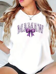 Camiseta blanca con estampado de lazo morado "Maman" con texto brillante y cinta para mujer (220 g) - Blanco - Ver 1