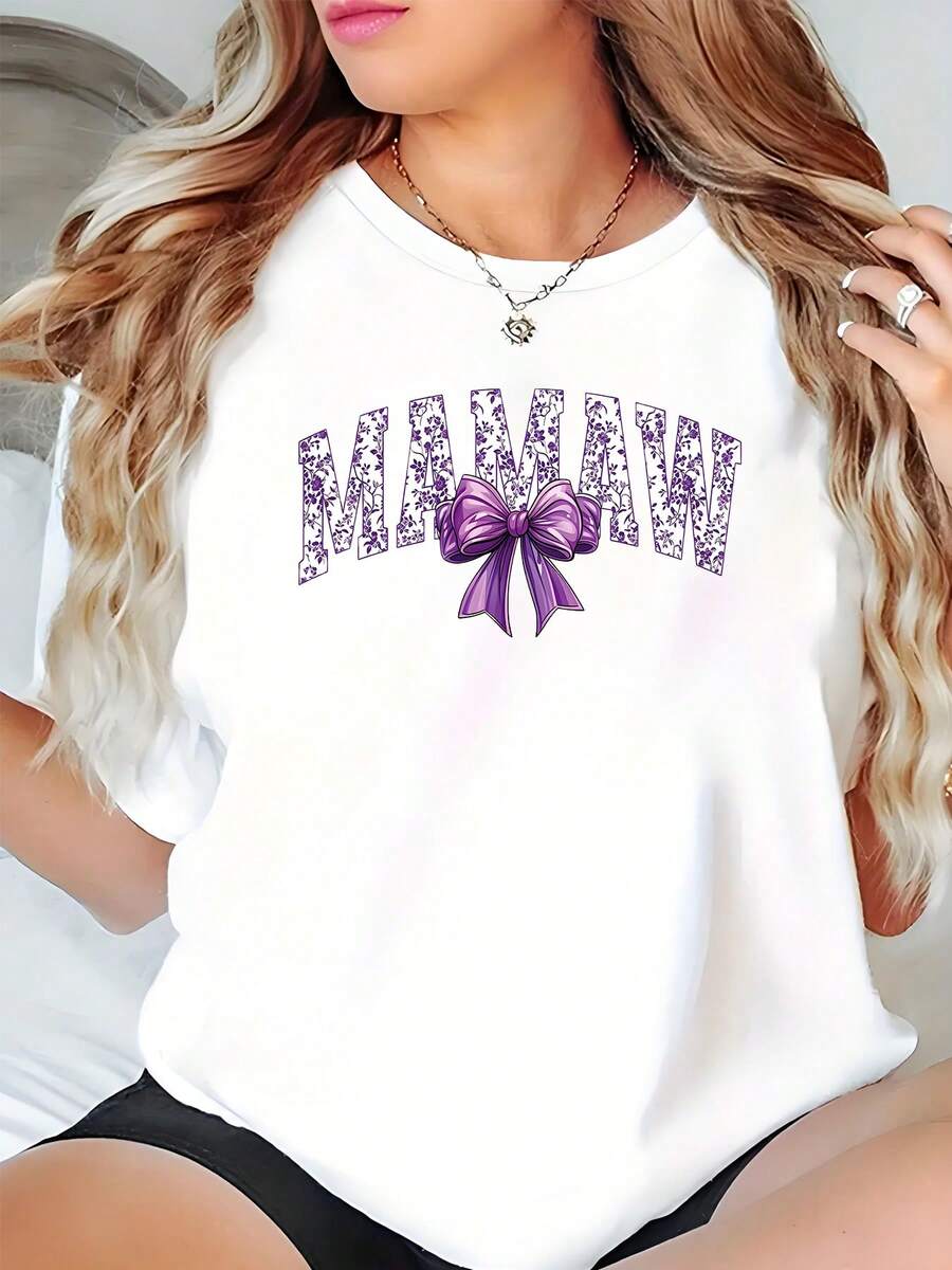 Camiseta blanca con estampado de lazo morado "Maman" con texto brillante y cinta para mujer (220 g) - Blanco - Ver 1