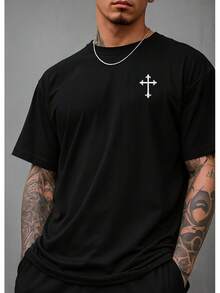 Kit Of 3 Men's T-Shirts, 100% Cotton Lion Shirt, Streetwear Blouse, Various Colors, Cool Religious Print - 黑色/米色/棕色 - 查看 2