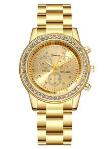 6pcs/Set Fashion Women's Round Steel Band Quartz Watch, Versatile Round Rhinestone Dial, Can Be Matched With Bracelets, Necklaces, Earrings, Rings And Other Jewelry To Form A Jewelry Set, Suitable For Daily Wear, Formal Events And Other Occasions, Also Can Be Used For Holiday Decorations. - Gold - View 5