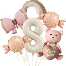 1 Set de decoraciones con globos de aluminio con diseños de oso de peluche, corazón, caramelo, moño y arcoíris para fiesta de cumpleaños, decoración del hogar - Multicolor - Ver 11