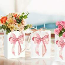 12 个时尚粉色蝴蝶结纸质礼品袋带手柄，适合女孩生日、圣诞派对、糖果袋、新娘订婚派对用品（白色，大蝴蝶结） - 彩色 - 查看 6