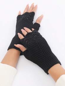 1pair Solid Color Fish Scale Hollow Out Knitted Short Fingerless Gloves, & Versatile,& Windproof For Office, Writing, Winter - Black - View 6
